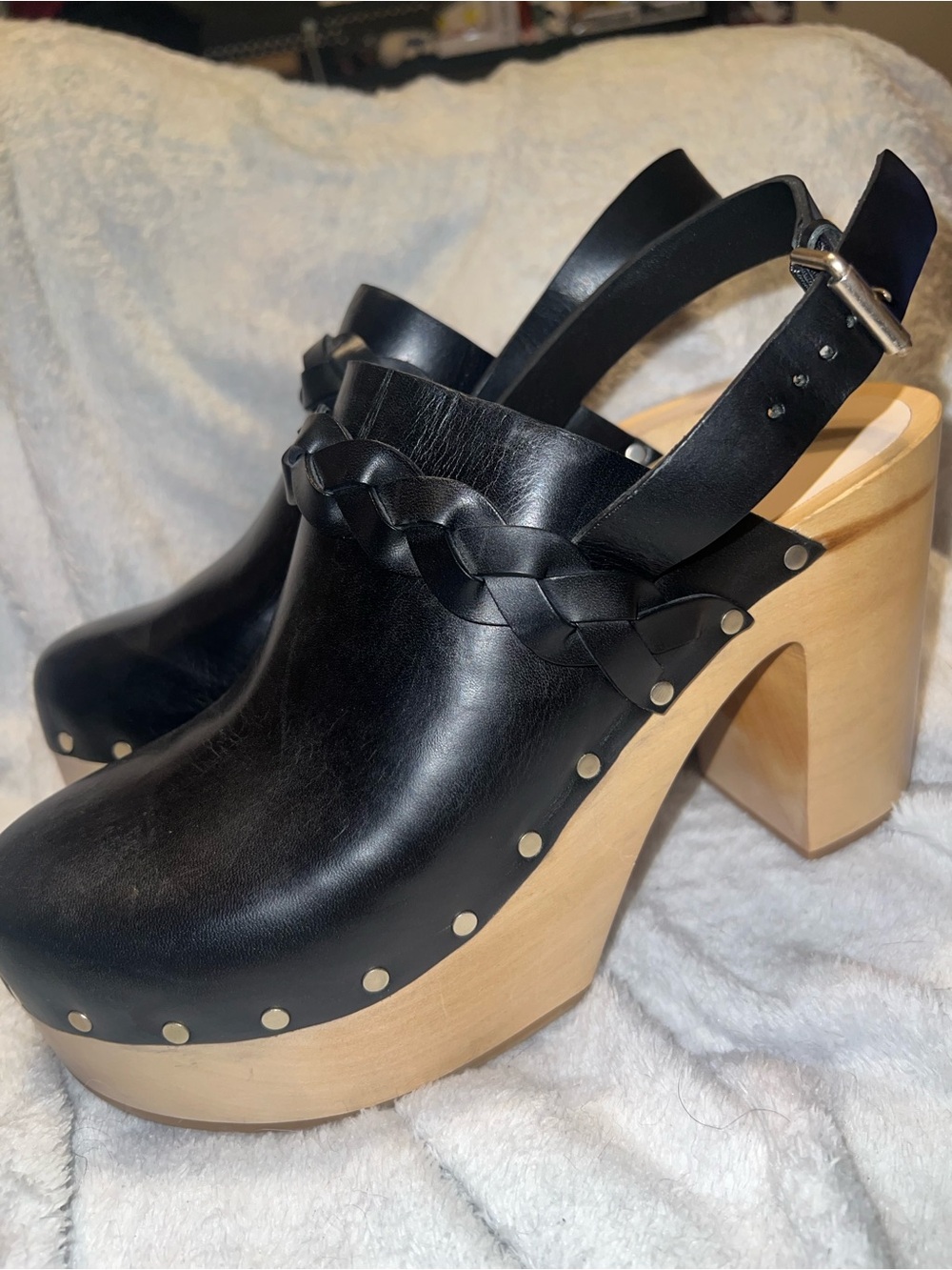 Loeffler Randall Black Leather Braided Slingback Clog with Wood Platform
